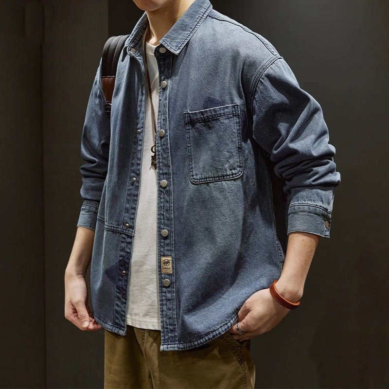 Men's Clothing Trendy Spring Denim Shirt Long Sleeve Loose Gray Workwear Casual Shirt Retro Jacket_viptrois.com