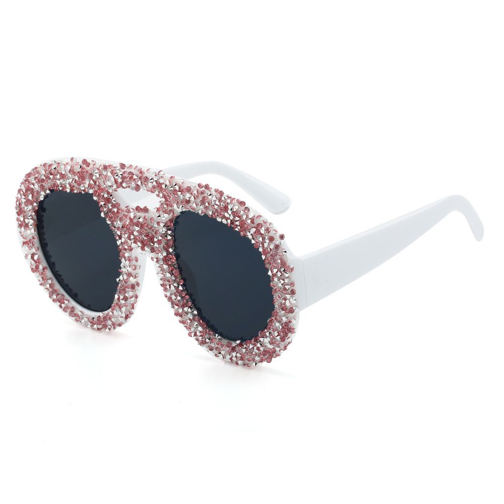 New Cross Border Double Beam Large Frame Round Sunglasses Luxury Full Diamond Personality Retro Catwalk Contrast Color Sunglasses Female Party_viptrois.com