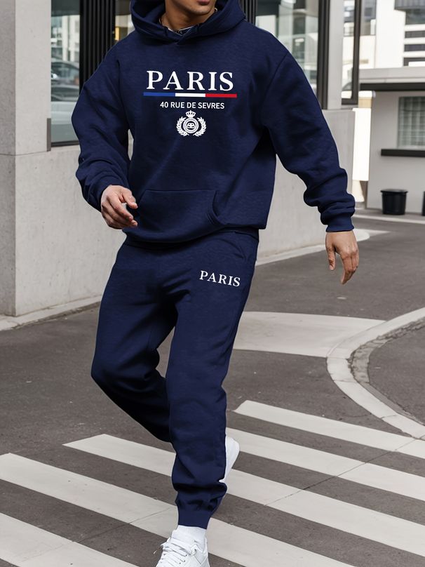 Men's Autumn/Winter Casual Fashion Paris Pattern Printed Loose Suede Thick Hoodie+Sports Pants Set_viptrois.com