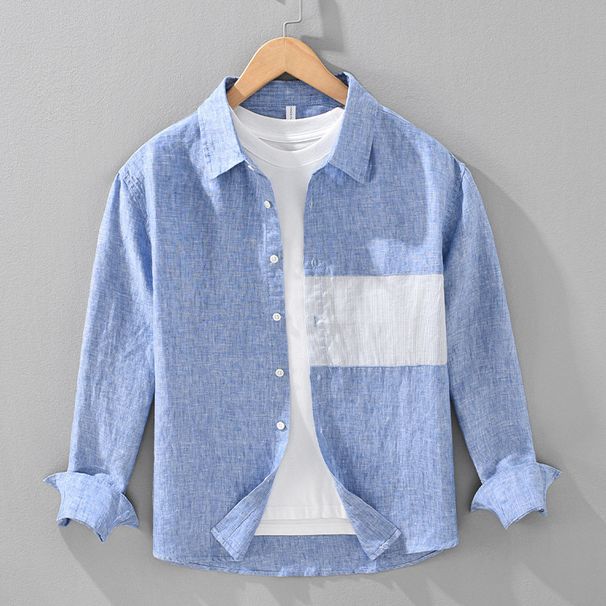 Splicing Color Blocking Long Sleeved Shirt For Men, Pure Linen Casual And Artistic Loose Top, Men's Thin Shirt_viptrois.com