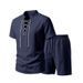 Men's Retro Tie Up Stand Collar Linen Short Sleeve T-Shirt And Shorts Set Summer Trendy Commuter Wear Simple Style_viptrois.com