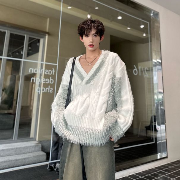 Men's Clothing Color Blocked Patchwork Sweater For Men, Autumn/winter New Style, High End V Neck Knitwear, American High Street Style Coat Top_viptrois.com