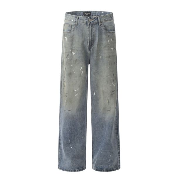 Men's Clothing Retro Jeans New Summer Style Washed Old Ink Printing Graffiti Loose Wide Leg Pants Trousers_viptrois.com