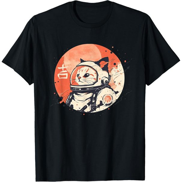 Camiseta Japonesa Minimalista De Los Años 50 Retro Gato Espacial Buena Suerte Kanji Hecha En EE. UU._viptrois.com