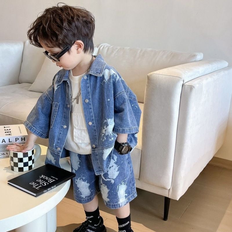 Mother & Kids Boys Paint Splashed Denim Suit Summer New Short Sleeved Shorts Small Children's Korean Style Jacket And Pants_viptrois.com