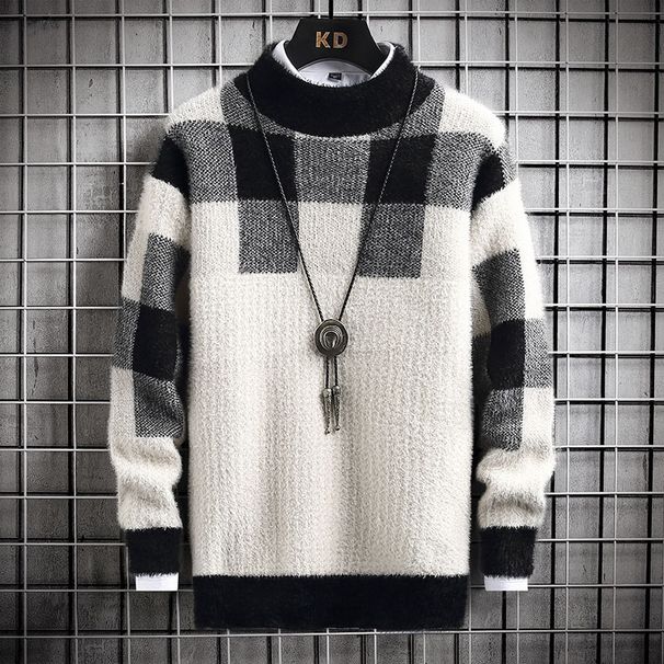 Men’s Korean-Style Thickened Sweater – Jacquard Faux Mink Knit With Color Blocking (Brown/Black/Blue, M-3XL)_viptrois.com
