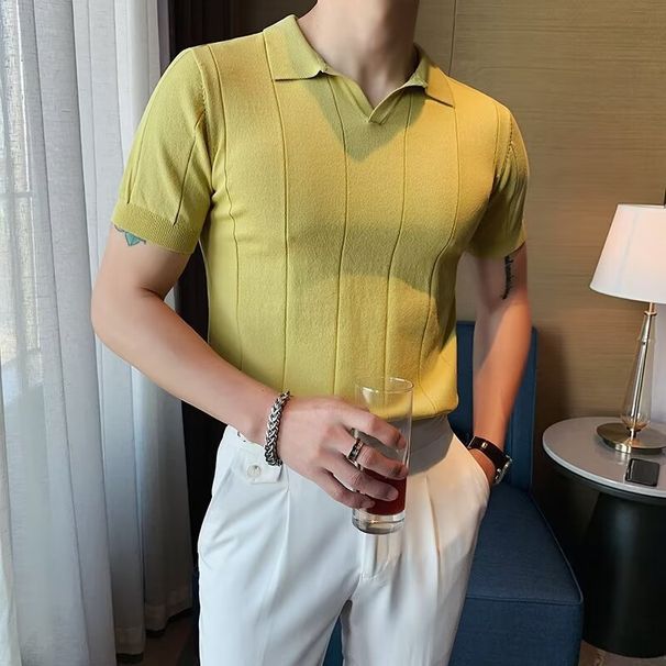 Men's Clothing New Business Men's Tops Handsome V Neck All Match High End Knitted Polo Shirt_viptrois.com
