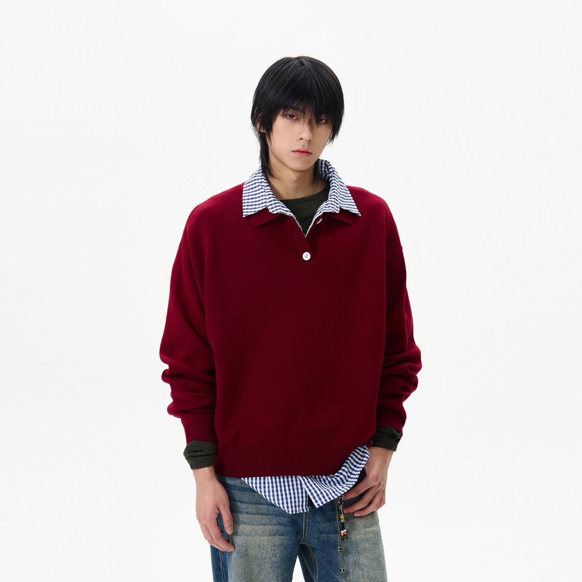 Pure Weilang's Store Autumn Winter American Retro Sweater Men's Lazy High-en Two-piece Shirt Knitte Jacket Couple_viptrois.com