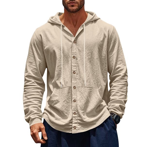Men's Clothing Spring And Autumn Jacket European And American Loose Linen Casual Simple Beach American Long Sleeve Hooded Shirt Men_viptrois.com