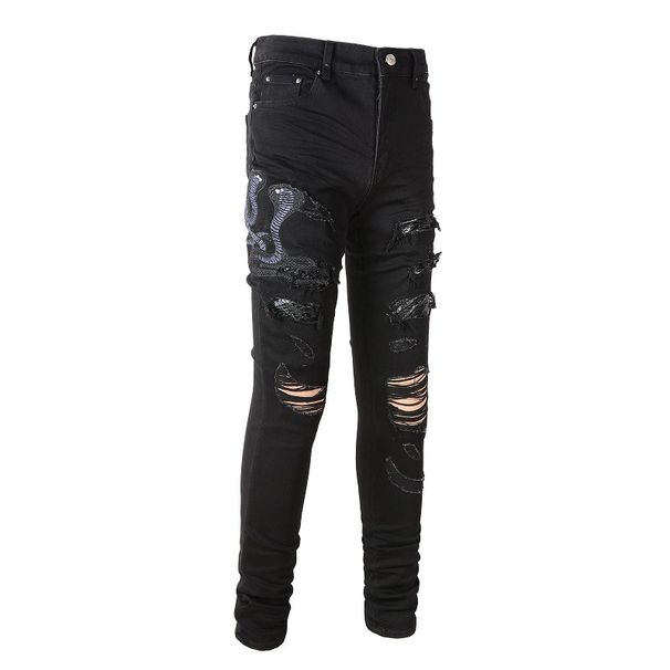 Men Snake Embroidery Jeans Skinny Tapered Stretch Denim Pants Streetwear Holes Ripped Leather Patch Patchwork Trousers_viptrois.com