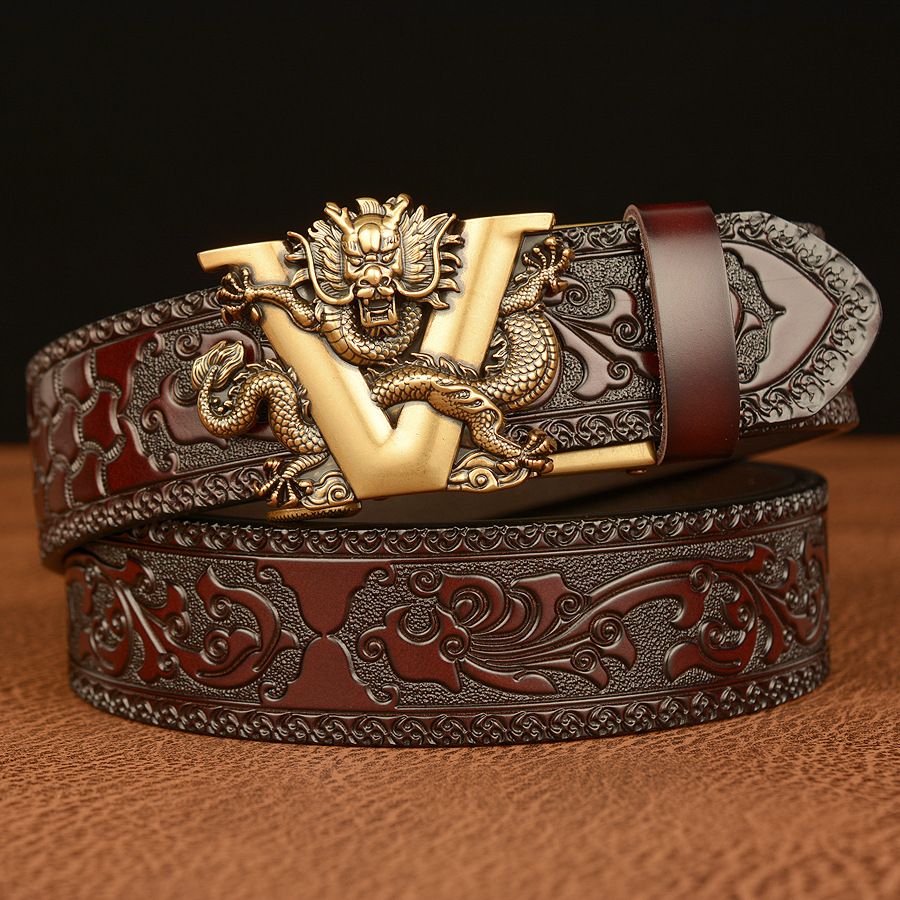 New Male China Dragon Belt Cowskin Genuine Leather Belt For Men Carving Dragon Pattern Automatic Buckle Belt Strap For Jeans B0033_viptrois.com