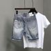 Men's Clothing Hole Patch Printed Frayed Denim Slim Fit Shorts_viptrois.com