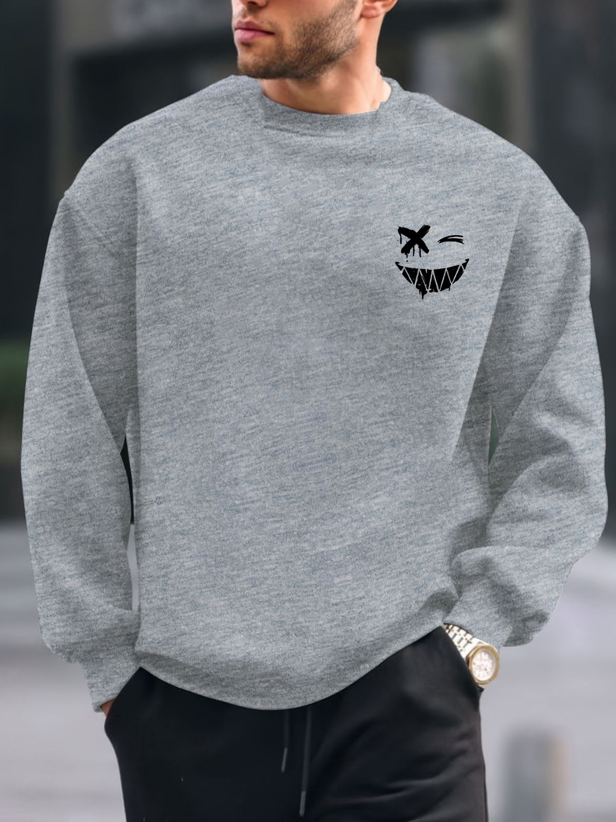 Men's Loose Casual Fashionable Classic Smiling Face Pattern Printed Round Neck Long Sleeved Sweatshirt Suitable For Autumn And Winter Wear_viptrois.com