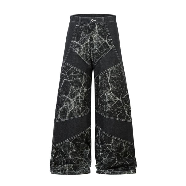 Men's Clothing Jiayiku Men's Autumn New American High Street RO Style Deconstruction Functional Style Tie Dye Jeans Wide Leg Pants_viptrois.com