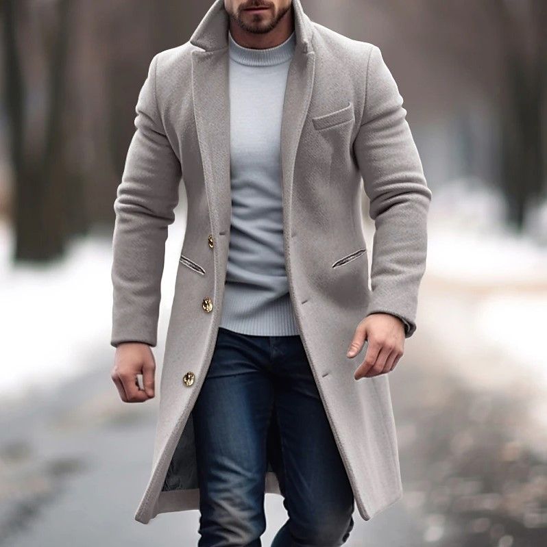 2024 Men's Mid To Long Woolen Coat Slim Fit Suit Collar Windbreaker_viptrois.com