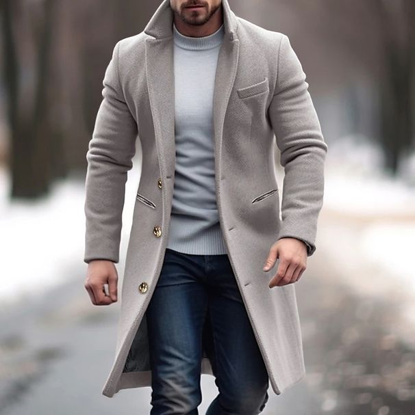 2024 Men's Mid To Long Woolen Coat Slim Fit Suit Collar Windbreaker_viptrois.com