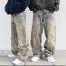 Men's Clothing Retro Flame Stitching Wide Leg Jeans Y2k Hip Hop Punk Raw Edge Embroidery Jeans_viptrois.com