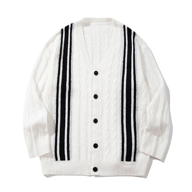 Men's Color-Block V-Neck Knit Cardigan – Retro Striped Sweater (White, S/M/L/XL)_viptrois.com