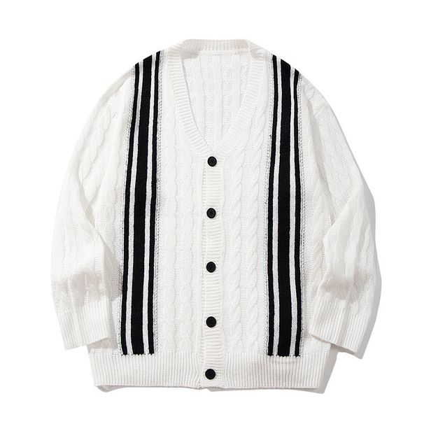 Men's Color-Block V-Neck Knit Cardigan – Retro Striped Sweater (White, S/M/L/XL)_viptrois.com