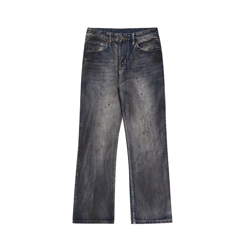 American High Street Men's Dirtyfit Distressed Splatter Paint Straight Leg Jeans Trendy Slightly Flared Slimming Floor Length Pants_viptrois.com