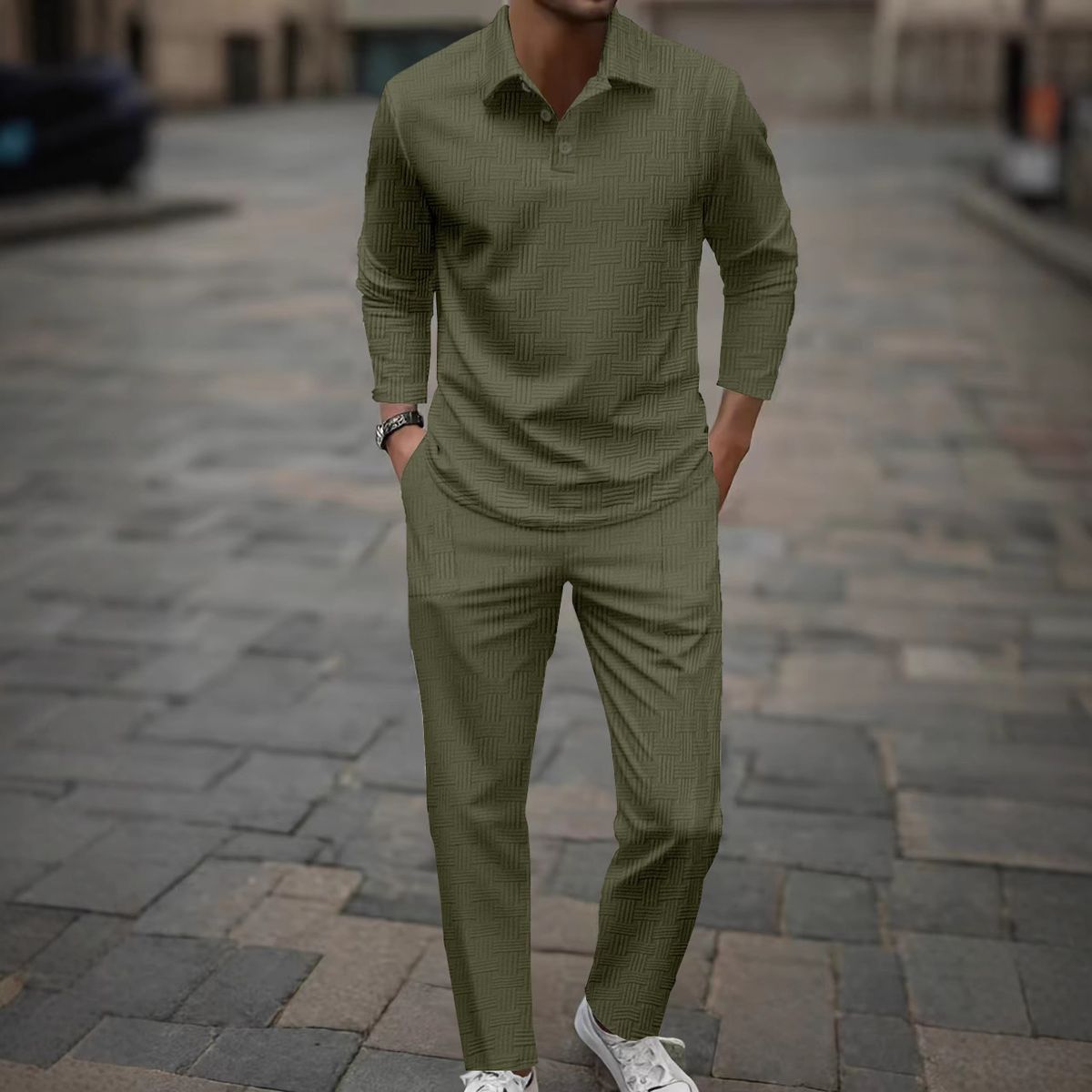 Men's Jacquard Polo & Trouser Set – Breathable Summer Linen-Blend Suit With Lapel Collar (White/Gray/Black, S-XXXL)_viptrois.com