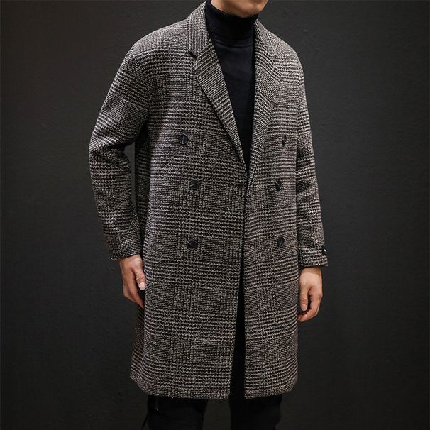 Autumn And Winter Trendy Casual Plaid Trench Mid To Long Length Woolen Coat, Plus Size Men's Coat_viptrois.com
