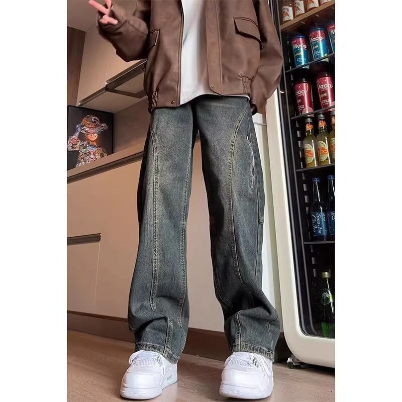 Men's Clothing Straight Jeans Men's Spring Retro Washed Design Casual Pants High Street Cool Cleanfit Pants_viptrois.com