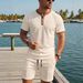 Summer Men's Shorts Set Waffle Knit Collar Color Block Pocket Button Short Sleeved Top And Bottoms Outfit_viptrois.com