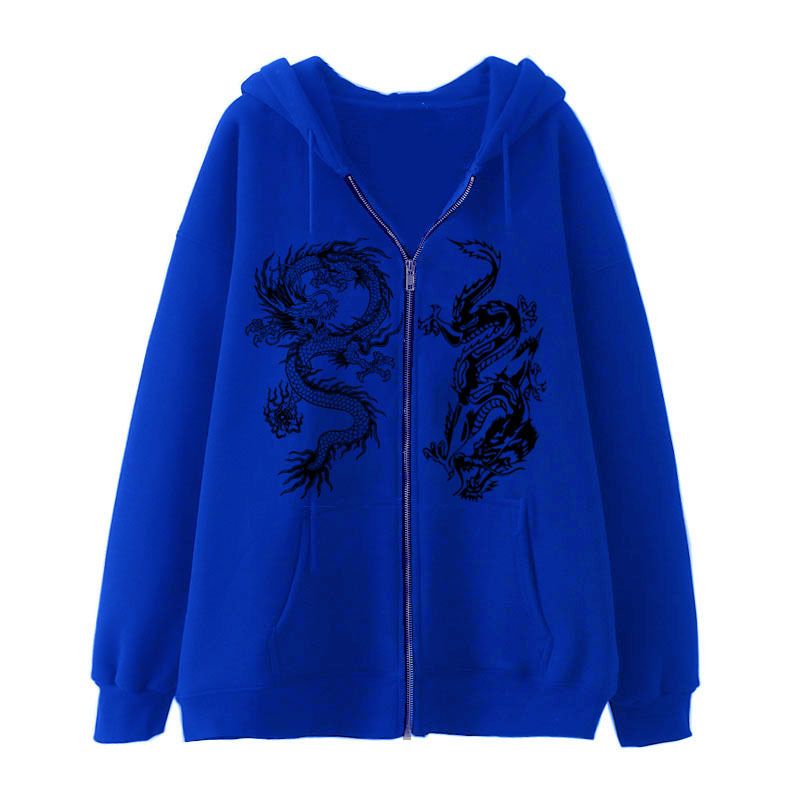 Mother Kids Dragon Print Zipper Sweatshirt Street Fashion Hoodie Trend Loose Fleece Jacket_viptrois.com