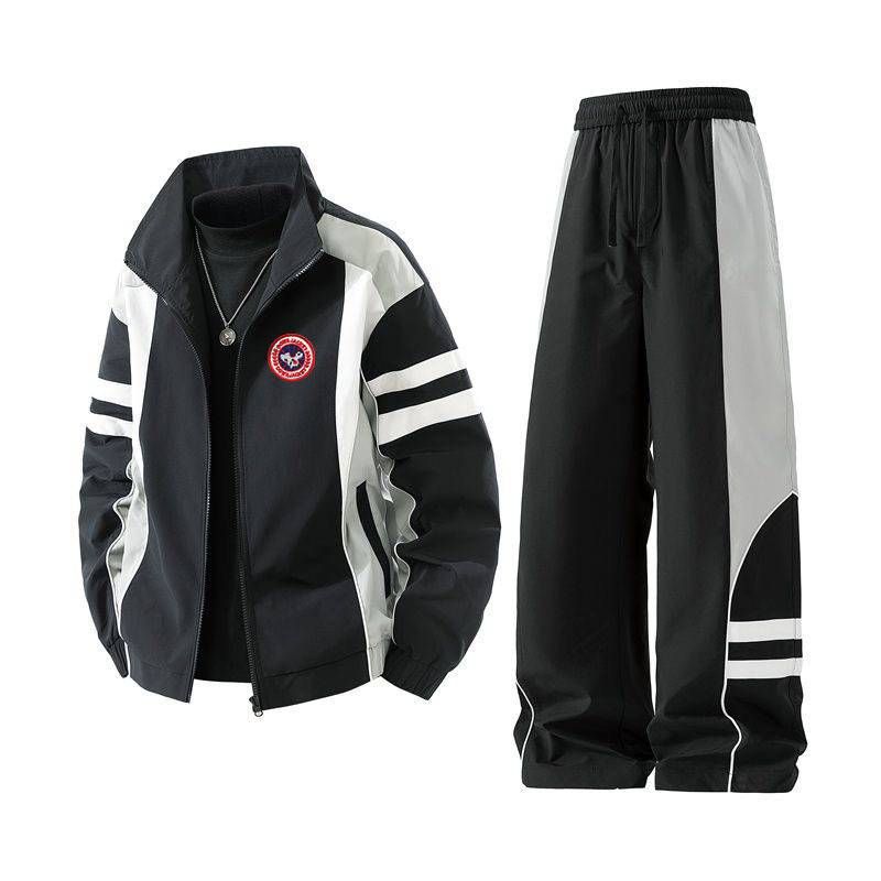 Men's Clothing Embroidered Patchwork Retro Color Block Hooded Jacket Set - Casual Streetwear With Vintage Style (Black, Navy Blue, L/XL/XXL/XXXL/M)_viptrois.com