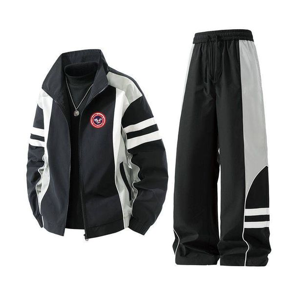 Men's Clothing Embroidered Patchwork Retro Color Block Hooded Jacket Set - Casual Streetwear With Vintage Style (Black, Navy Blue, L/XL/XXL/XXXL/M)_viptrois.com
