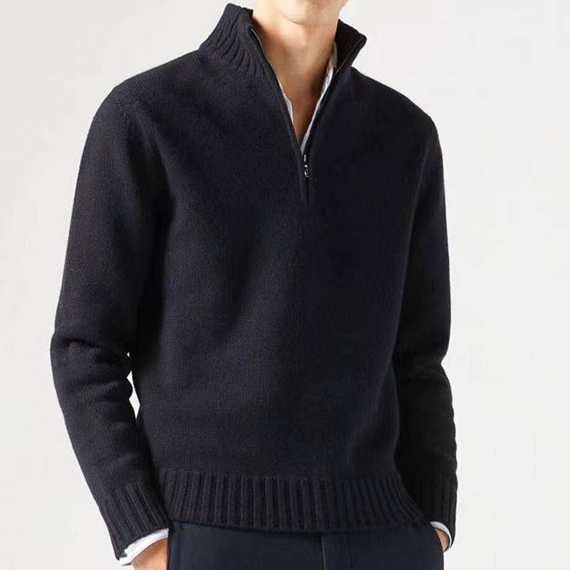 Men's Winter Knit Sweater With Half-Zip Collar - Thick Warm Pullover, Slim Fit, Machine Washable (Khaki/White/Gray/Black//Brown)_viptrois.com
