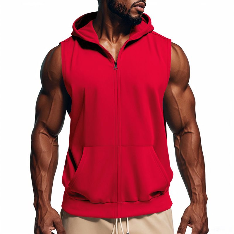 2026 Summer New Style Hooded V-Neck Men's Fitness Training Zippered Sweater Sleeveless Jacket_viptrois.com