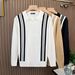 Men's British-Inspired Striped Knit Polo Shirt - Breathable Stretch Polyester Slim Fit Long Sleeve Top With Ribbed Hem (White, Black, Khaki)_viptrois.com