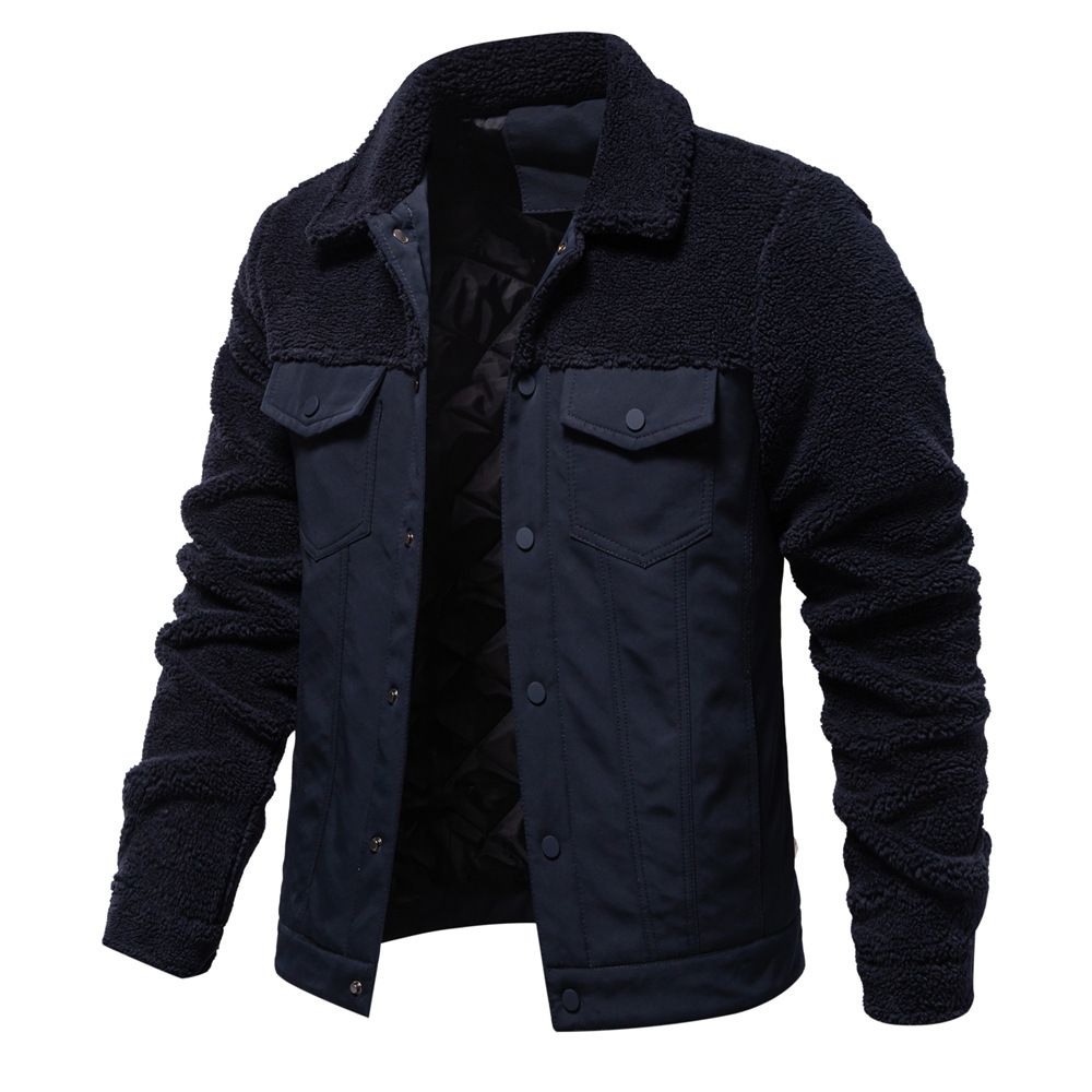 "Men's Patchwork Lambswool Jacket – European-Sized Autumn & Winter Coat With Casual Cross-Border Style (Black/Khaki/Green/Dark Blue, S-XXL)"_viptrois.com