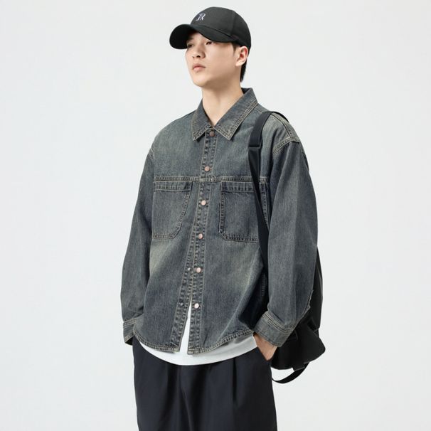 Denim Long Sleeved Shirt In Spring Autumn New Washed And Worn American Style Lapel Workwear Jacket For Men_viptrois.com
