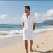 Men's Clothing Summer Linen Solid Color Lapel Button Casual Breathable Short Sleeved Shirt Beach Suit_viptrois.com