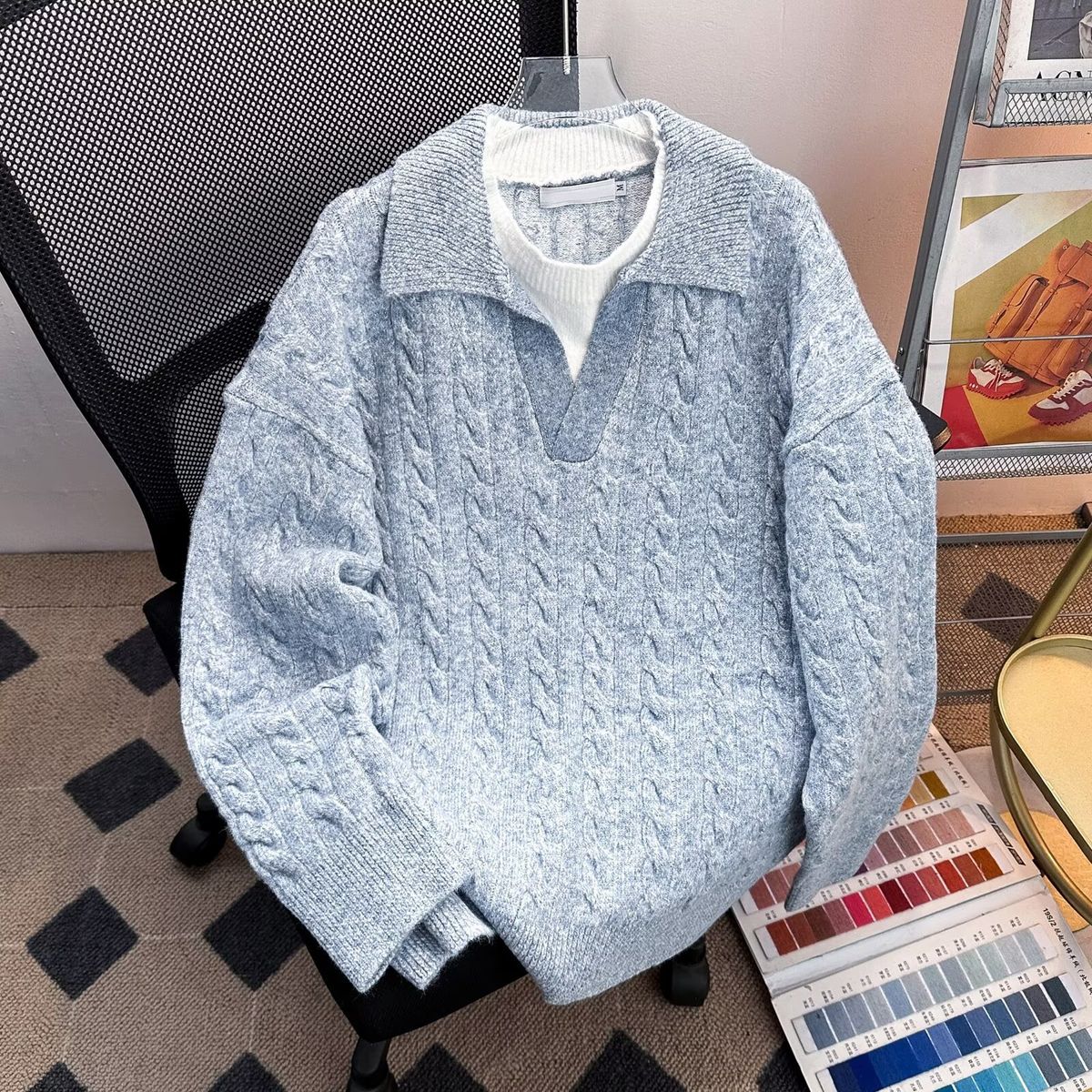 Men's Korean-Style Mock Neck Pullover Sweater – Oversized Long Sleeve Knit Top (Breathable, Color-Blocked, S-XXXL, Minimalist Casual)_viptrois.com