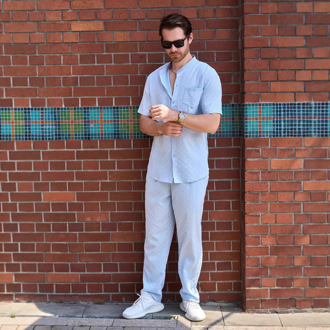 Men's Clothing Casual Short Sleeve Shirt & Pants Set - Lightweight Polyester, Breathable Summer Outfit - Black/White/Sky Blue/Pink (S-XXXL)_viptrois.com