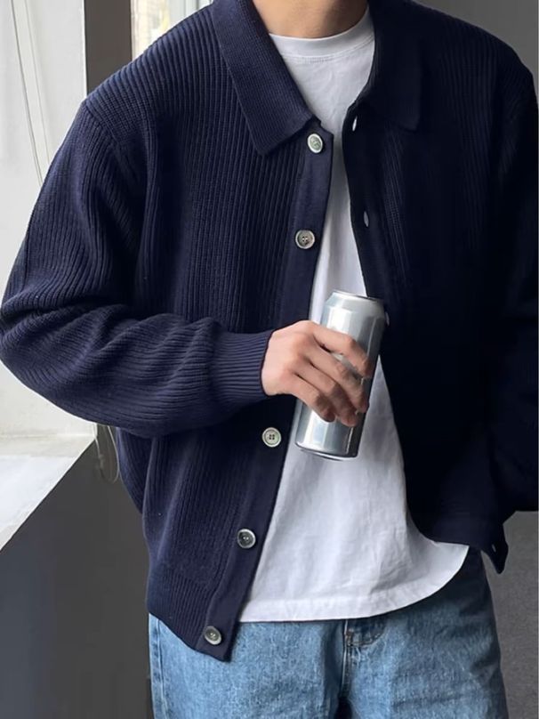 1 Autumn Winter Dark Green Turn-Down Collar Knitted Cardigan Loose Lazy Style Sweater Korean Version Men's Fashion Casual_viptrois.com
