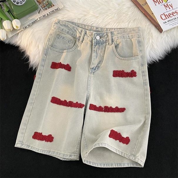 Men's High Street Embroidered Denim Shorts Summer Style American Retro Trend Loose Wide Leg Five Point Trend Cool And Stylish_viptrois.com