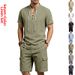 Men's Linen Wash Workwear Set Wash And Wrinkle Resistant Lace Up Casual Two Piece Set Summer Stand Up Collar Short Sleeved_viptrois.com