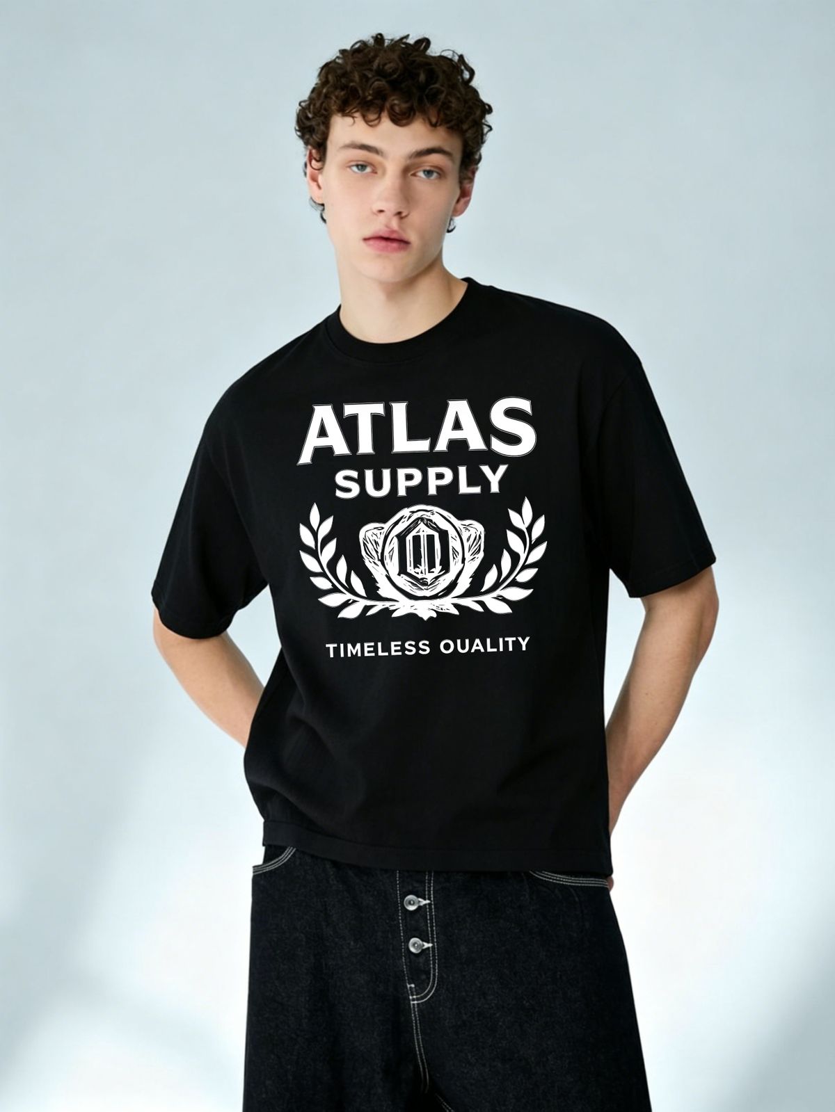 Men's 100% Cotton ATLAS SUPPLY Laurel Badge Graphic Tee, Summer Casual Round Neck Regular Fit Vintage Streetwear Short Sleeve T-shirt_viptrois.com