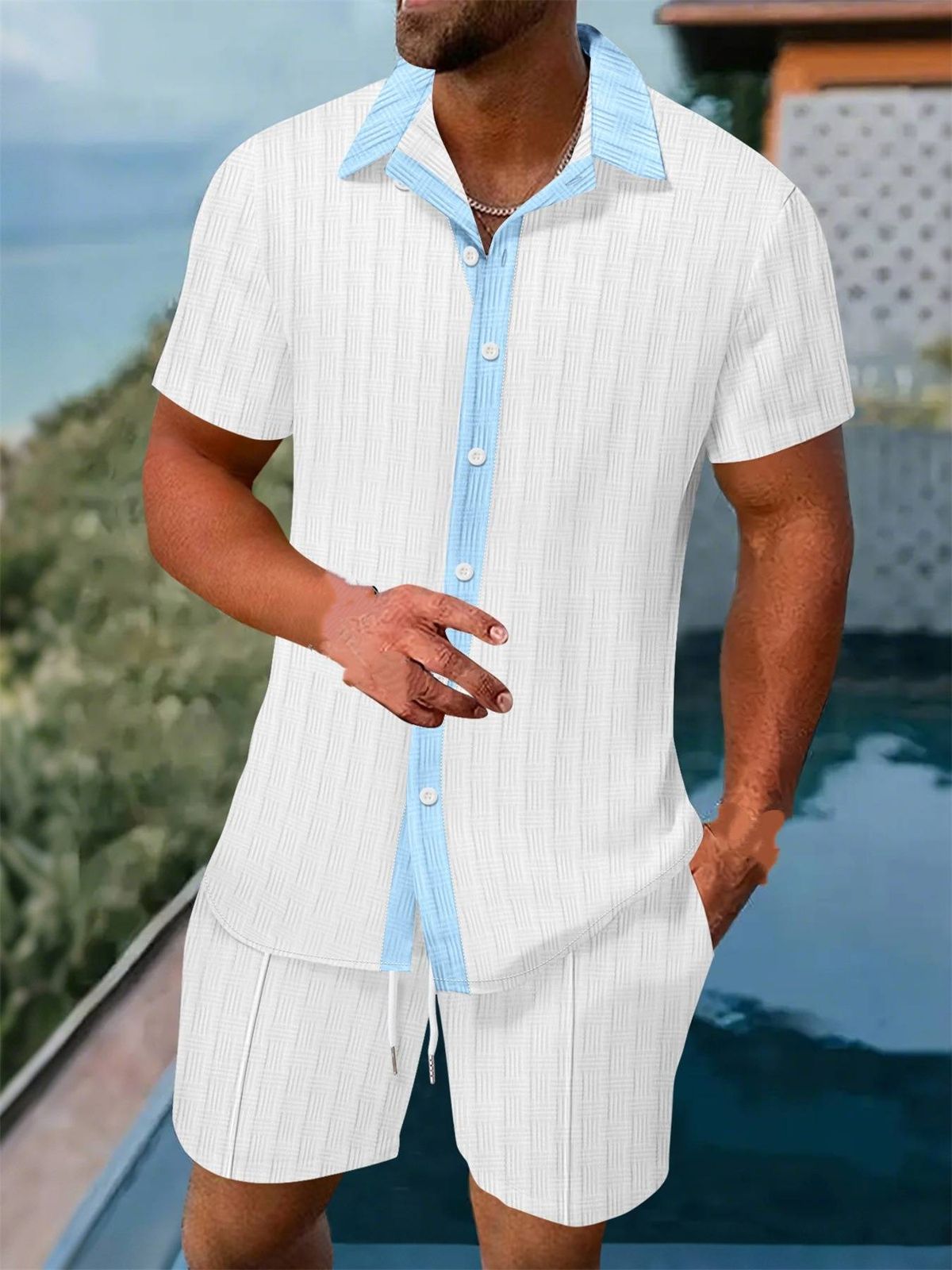 Summer 2025 European And American Men's Color-blocking Shirts, Casual Short-sleeved Shirts, Shorts And Beach Suits_viptrois.com
