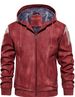 Men's Faux Leather Hooded Jacket – PU Coated Windbreaker, Warm Fleece Lined, Stylish Biker-Inspired Outerwear (S-XXXL, Dark Brown/Black/Red)_viptrois.com