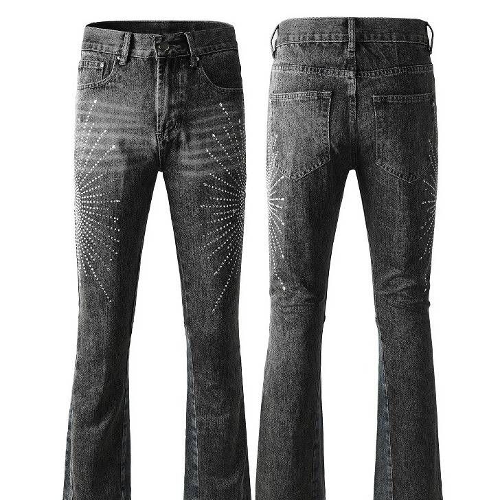 Men's Vintage Rock & Roll Flared Jeans With Rhinestone Embellishments & Patchwork Design - High Waisted Cotton Denim Pants For Urban Street Style_viptrois.com