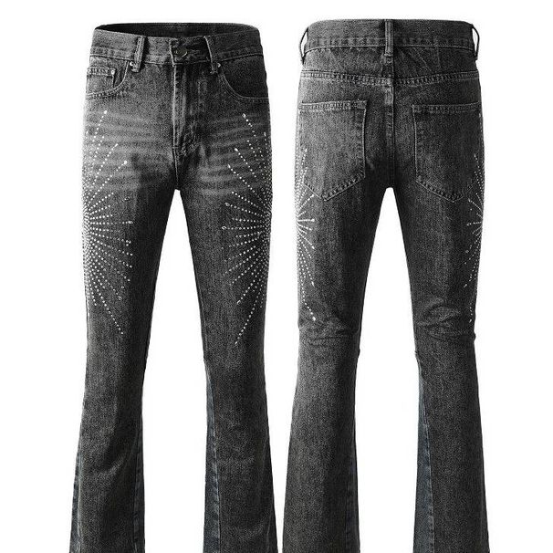 Men's Vintage Rock & Roll Flared Jeans With Rhinestone Embellishments & Patchwork Design - High Waisted Cotton Denim Pants For Urban Street Style_viptrois.com