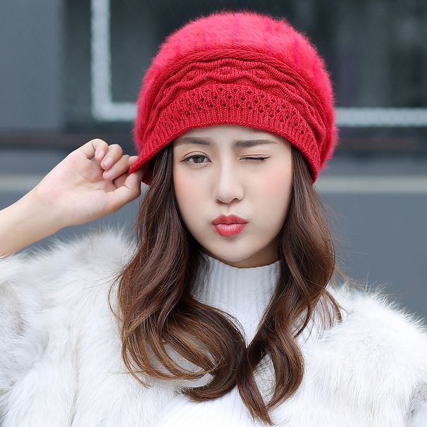 Outdoor Knitted With Fleece Lining, Thickened Beret, Korean Style Hat, Rabbit Fur For Women, Winter Warm Hat_viptrois.com