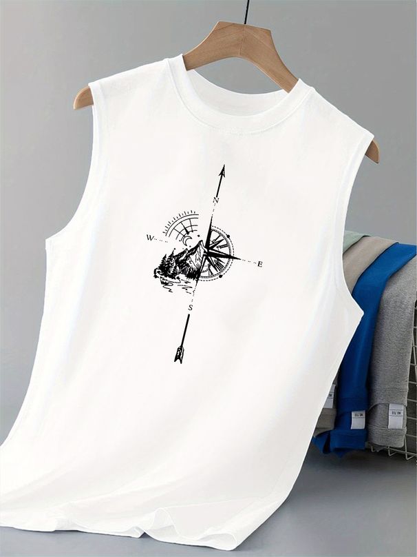 100% Pure Cotton Men's Summer Leisure Sports Fitness Loose Compass And Mountain Pattern Printed Breathable Round Neck Sleeveless Vest_viptrois.com
