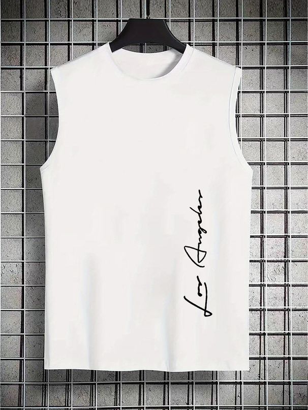 100% Pure Cotton Men's Summer Casual Sports Fitness Loose Los Angeles Letter Pattern Printed Breathable Round Neck Sleeveless Vest_viptrois.com